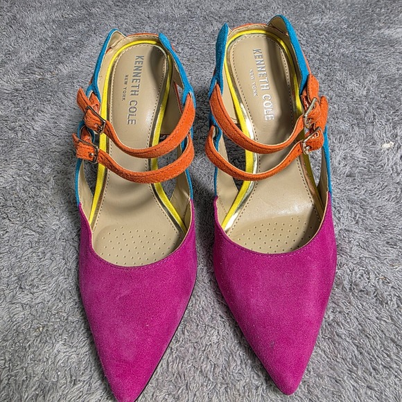Kenneth Cole Colorblock Suede Strappy Pumps Mules Stiletto Pink Teal Womens 5.5M - Picture 2 of 5